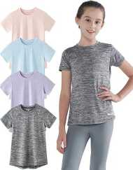 4 Pack: Youth Girls Athletic Shirts, Short Sleeve Dry Fit Apparel Tech Tshirts, Sports Activewear for Kids Teens