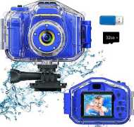 DEKER Kids Waterproof Camera for 3-12 Year Old Boys Christmas Birthday Gifts Toys Children Mini Underwater Digital Action Camcorder, 2 Inch IPS Screen with 32GB Card (Dark Blue)