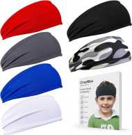 ChezMax 6 PCS Sweatbands for Kids, Soccer Headbands Boys Sports Kids Sweatbands, Breathable Sweat Wicking Headband, Baseball Youth, Black, White, Gray, Blue, Red and Camouflage,(FD01-Kids)