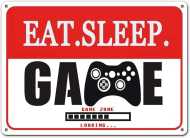 12 x 8 Inch Eat Sleep Game Bedroom Door Metal Tin Sign Game Sign Funny Novelty Game Door Sign for Boys Game Lover Bedroom Door Wall Decoration (1)