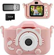 HD Digital Video Camera for1080P with Protective Silicone Cover，Cute Portable Little Girls/Boys Gifts Kids Camera Toys for 3-12 Year Old Boys/Girls，Selfie Camera for Kids (Pink - Cat)