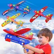 SUPER JOY 3 Pack Airplane Launcher Toys - Foam Airplane Toy Led Glider Catapult Plane 2 Flight Modes Flying Toy for Kids Gift Boys Girl 3 4 5 6 7 8 9 10 Years Old Outdoor Sport Party