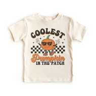 Coolest Pumpkin In The Patch Kids Halloween Shirt - Retro Pumpkin Picking T-Shirt - Boys & Girls Halloween Costume Outfit - Toddler & Youth Natural Tee