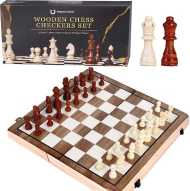 15 Inches Magnetic Wooden Chess Set & Checkers Board Game .2 Extra Queens，Folding Board Individual Piece Storage Slot and Storage Bag,Suitable for Beginners All Chess Lovers.