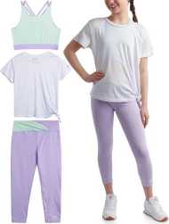 Reebok Girls' Active Leggings Set - 3 Piece Mesh Shirt, Capri Leggings, and Crop Cami Sports Bra - Summer Activewear (7-12)