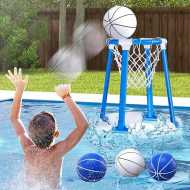 Pool Basketball Hoop Poolside, Floating Pool Toys with 4 Basketballs/4 Water Balloons/Pump, Swimming Pool Games for Kids & Adults Indoor Outdoor Play, Blue